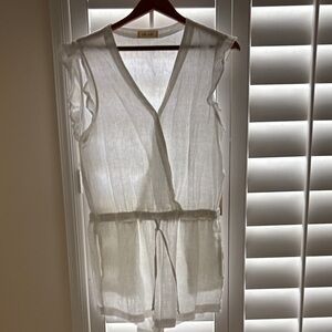 White linen Romper with Drawstring Waist